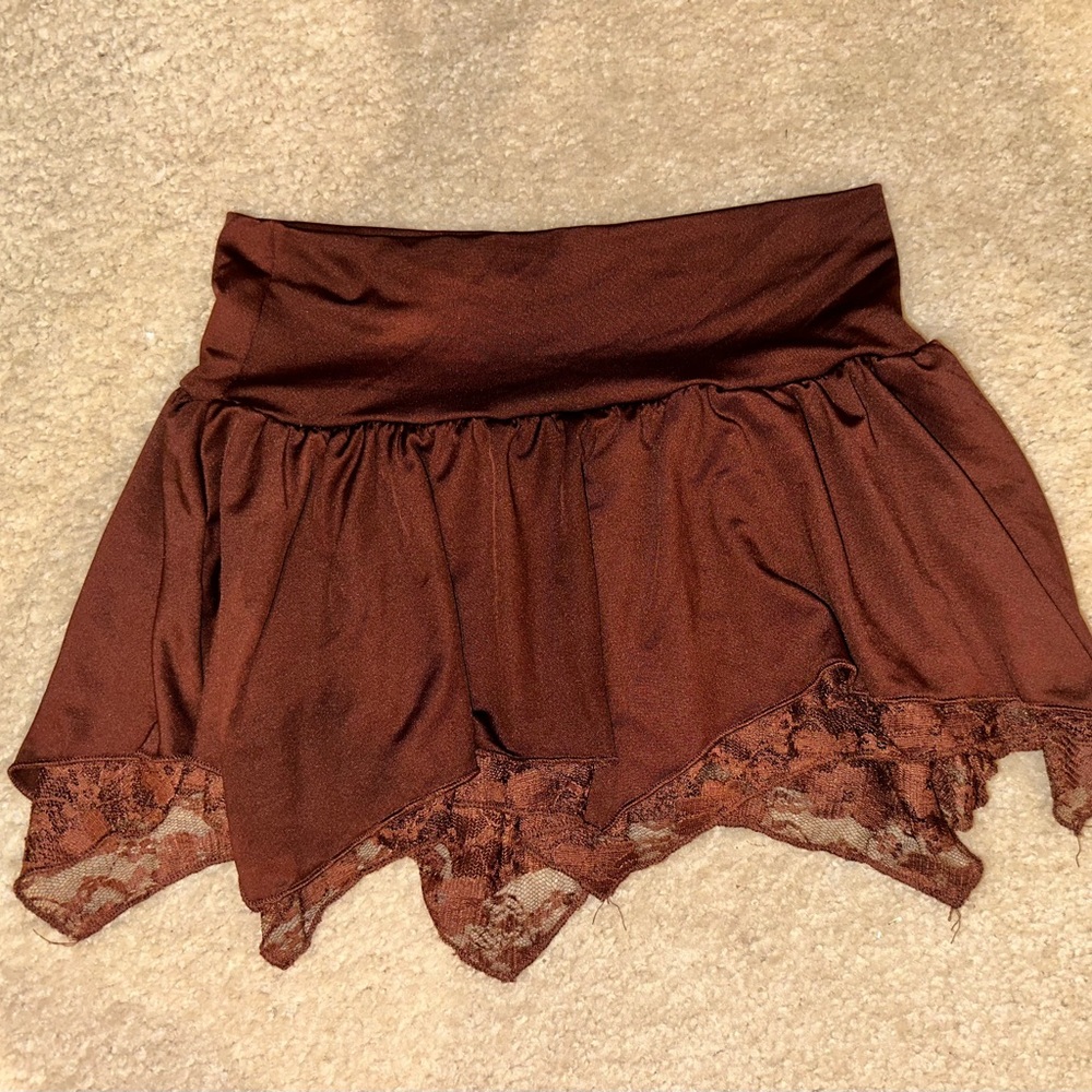 Brown Asymmetrical Ruffled Skater Mini Skirt
